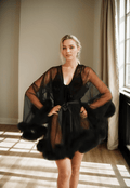 Luxurious Sheer Bridal Robe with Feathered Hem and Satin Tie - Luzilly Bridal & Apparel