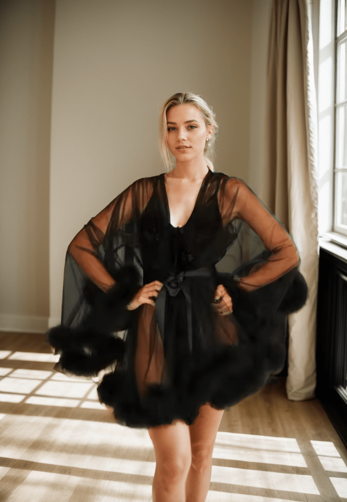 Luxurious Sheer Bridal Robe with Feathered Hem and Satin Tie - Luzilly Bridal & Apparel
