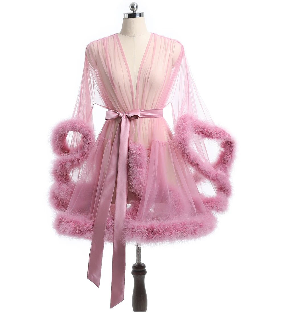 Luxurious Sheer Bridal Robe with Feathered Hem and Satin Tie - Luzilly Bridal & Apparel