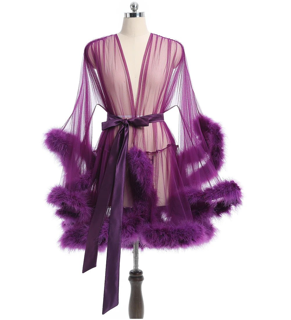 Luxurious Sheer Bridal Robe with Feathered Hem and Satin Tie - Luzilly Bridal & Apparel