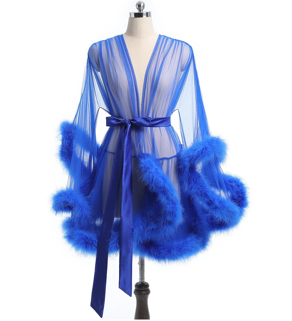 Luxurious Sheer Bridal Robe with Feathered Hem and Satin Tie - Luzilly Bridal & Apparel