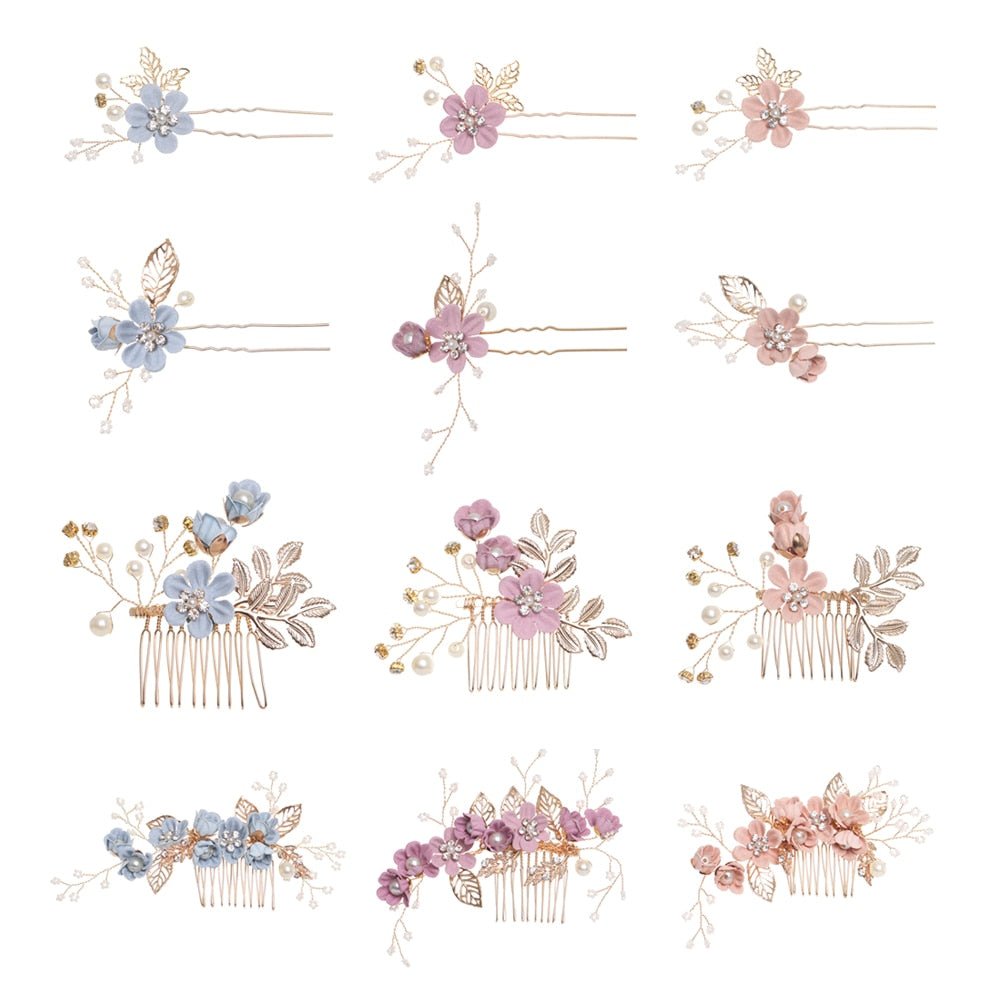 Luxury Blue Flower Hair Combs Headdress Prom Bridal Wedding Hair Accessories Gold Leaves Hair Jewelry Hair Pins - Luzilly Bridal & Apparel