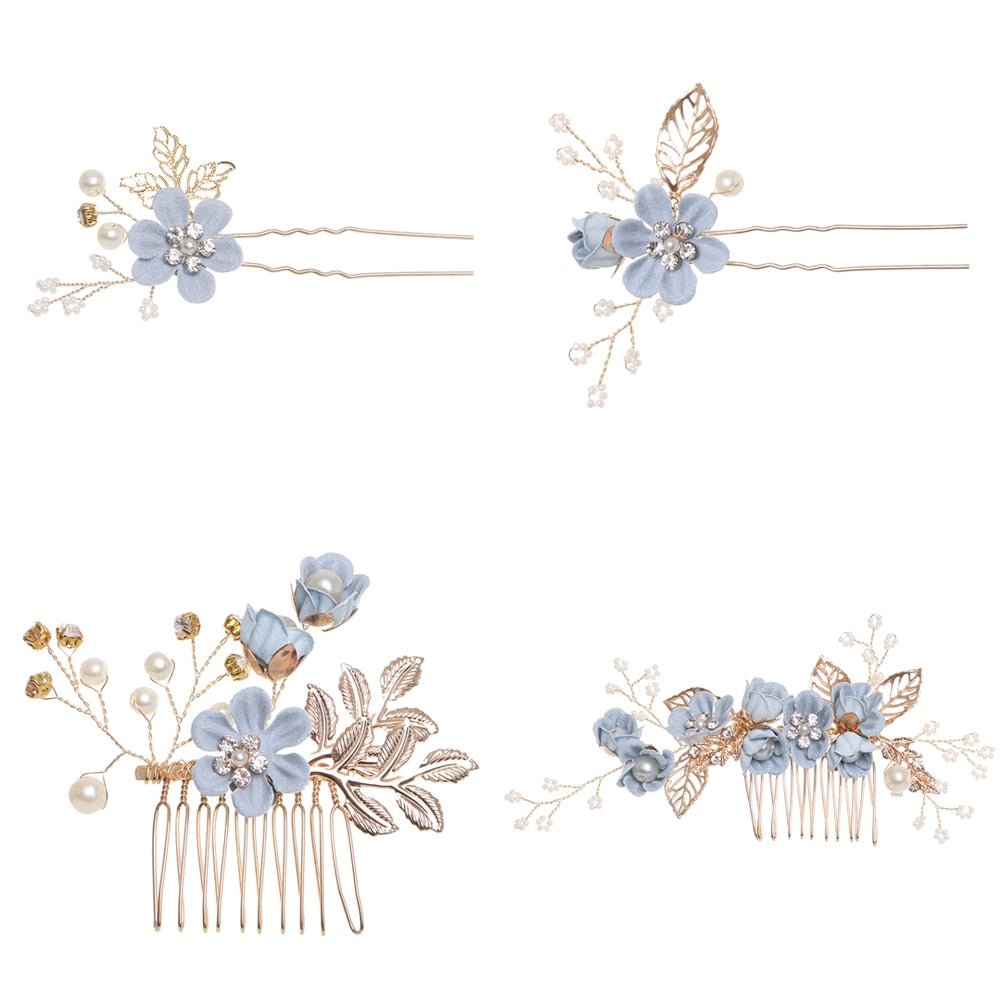 Luxury Blue Flower Hair Combs Headdress Prom Bridal Wedding Hair Accessories Gold Leaves Hair Jewelry Hair Pins - Luzilly Bridal & Apparel