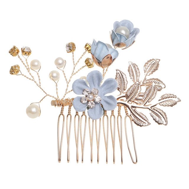 Luxury Blue Flower Hair Combs Headdress Prom Bridal Wedding Hair Accessories Gold Leaves Hair Jewelry Hair Pins - Luzilly Bridal & Apparel