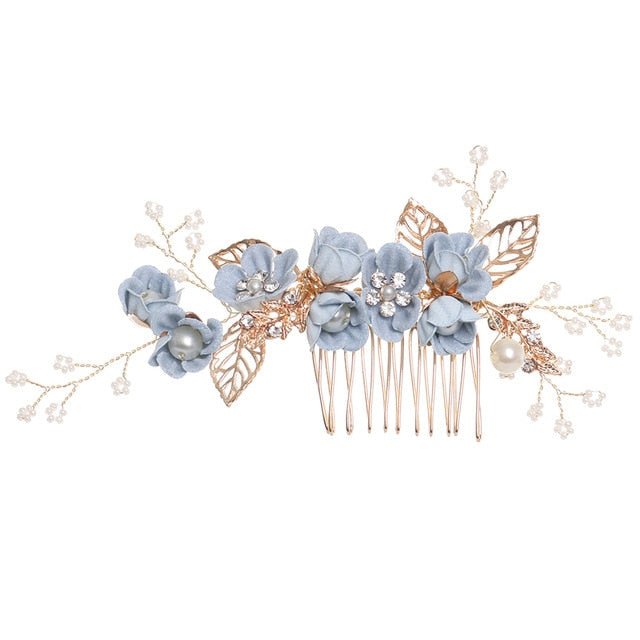 Luxury Blue Flower Hair Combs Headdress Prom Bridal Wedding Hair Accessories Gold Leaves Hair Jewelry Hair Pins - Luzilly Bridal & Apparel