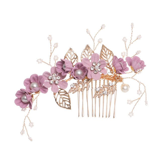 Luxury Blue Flower Hair Combs Headdress Prom Bridal Wedding Hair Accessories Gold Leaves Hair Jewelry Hair Pins - Luzilly Bridal & Apparel