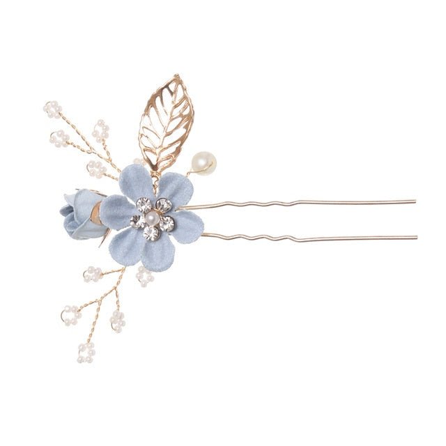 Luxury Blue Flower Hair Combs Headdress Prom Bridal Wedding Hair Accessories Gold Leaves Hair Jewelry Hair Pins - Luzilly Bridal & Apparel