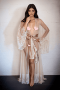 Luxury Champagne Sheer Tulle & Satin Robe Dress with Lace Bell Sleeves - Luzilly Bridal & Apparel