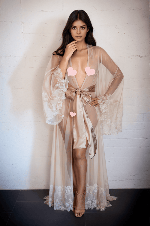 Luxury Champagne Sheer Tulle & Satin Robe Dress with Lace Bell Sleeves - Luzilly Bridal & Apparel