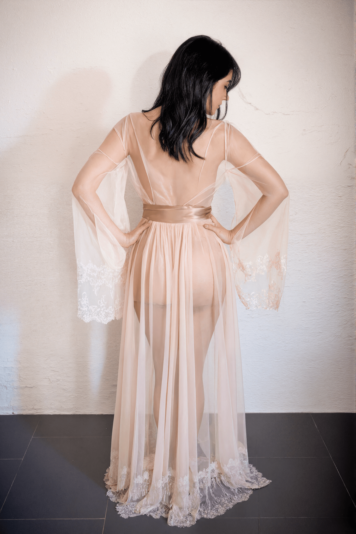 Luxury Champagne Sheer Tulle & Satin Robe Dress with Lace Bell Sleeves - Luzilly Bridal & Apparel