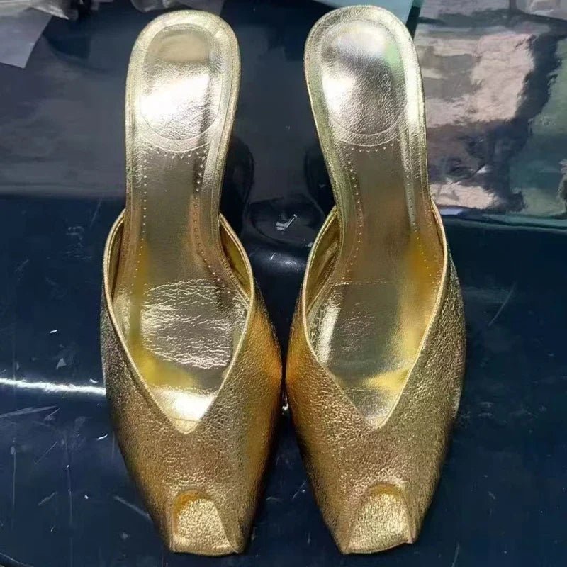 Luxury Designer Gold Heeled Slippers Women Sexy Open Toe Elegant Slide Sandals for Ladies Wedding Bridal Pumps Zapatos De Mujer - Luzilly Bridal & Apparel