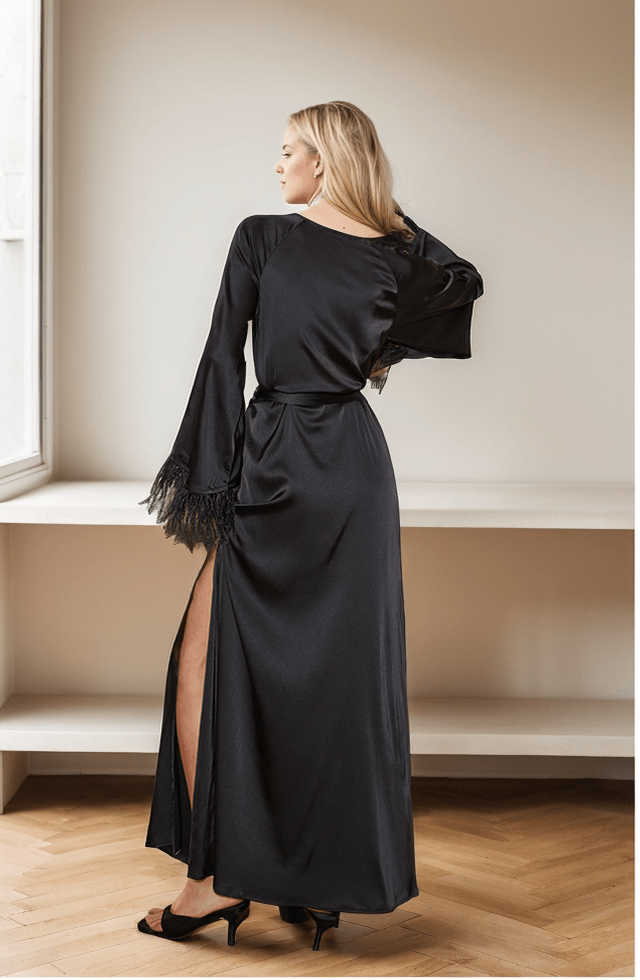 Luxury Feather-Trimmed Satin Robe - Elegant Full-Length Lounge & Bridal Wear - Luzilly Bridal & Apparel