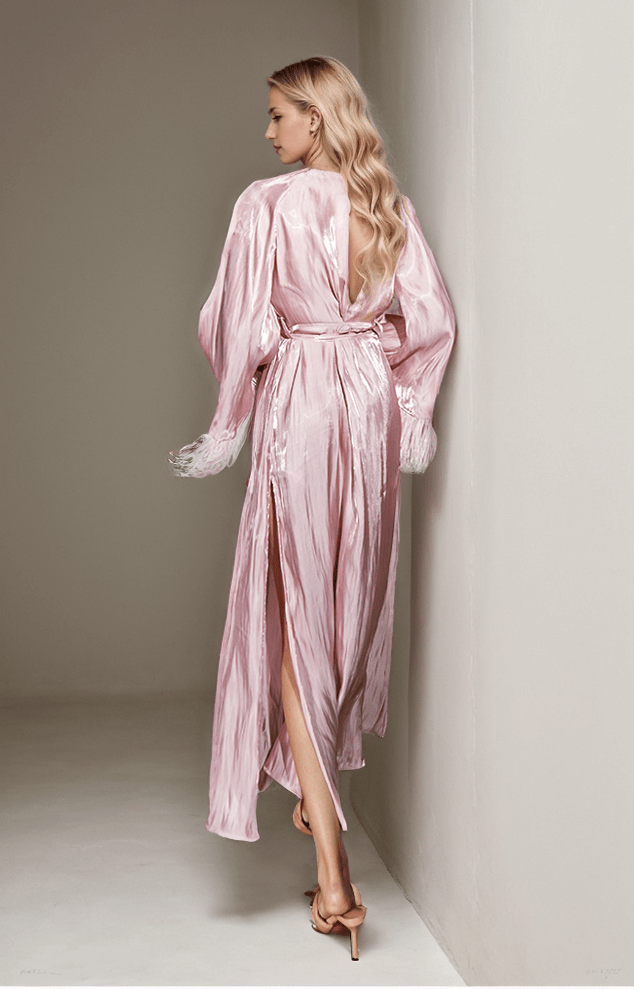 Luxury Feather-Trimmed Satin Robe - Elegant Full-Length Lounge & Bridal Wear - Luzilly Bridal & Apparel