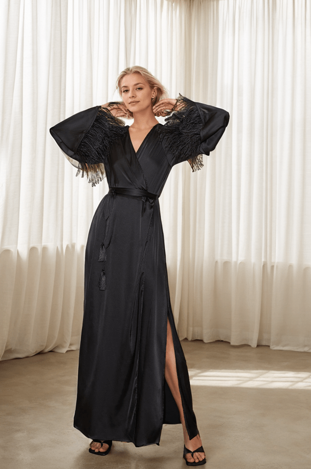 Luxury Feather-Trimmed Satin Robe - Elegant Full-Length Lounge & Bridal Wear - Luzilly Bridal & Apparel