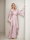 Luxury Feather-Trimmed Satin Robe - Elegant Full-Length Lounge & Bridal Wear - Luzilly Bridal & Apparel