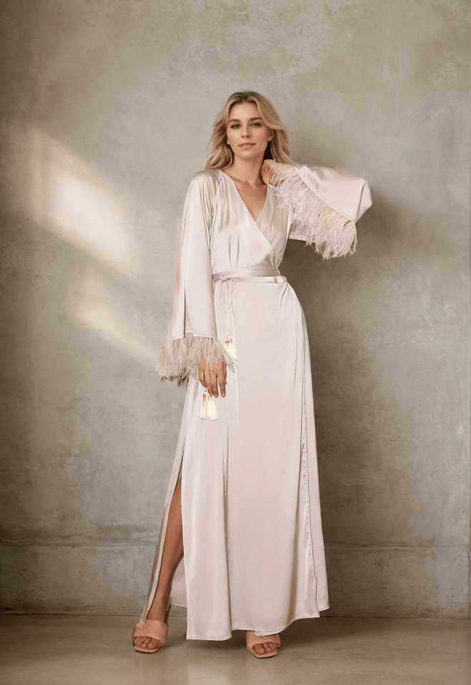 Luxury Feather-Trimmed Satin Robe - Elegant Full-Length Lounge & Bridal Wear - Luzilly Bridal & Apparel