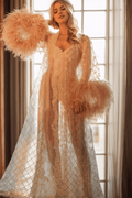Luxury Feather-Trimmed Sheer Lace Bridal Robe Set with Embellished Details - Luzilly Bridal & Apparel