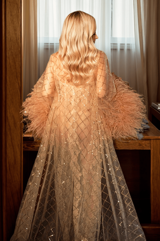 Luxury Feather-Trimmed Sheer Lace Bridal Robe Set with Embellished Details - Luzilly Bridal & Apparel