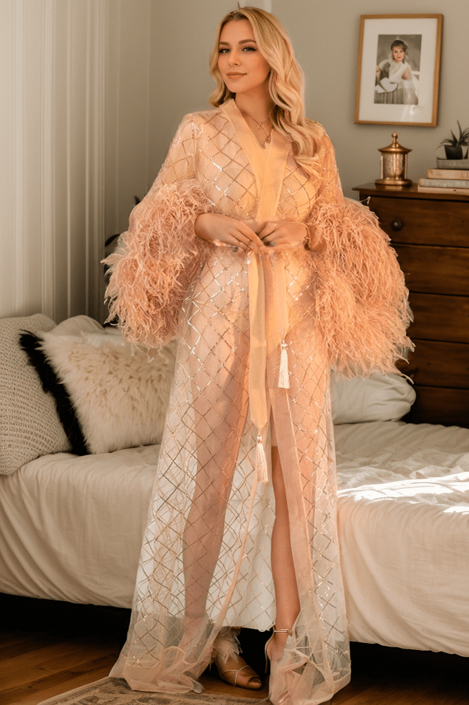 Luxury Feather-Trimmed Sheer Lace Bridal Robe Set with Embellished Details - Luzilly Bridal & Apparel