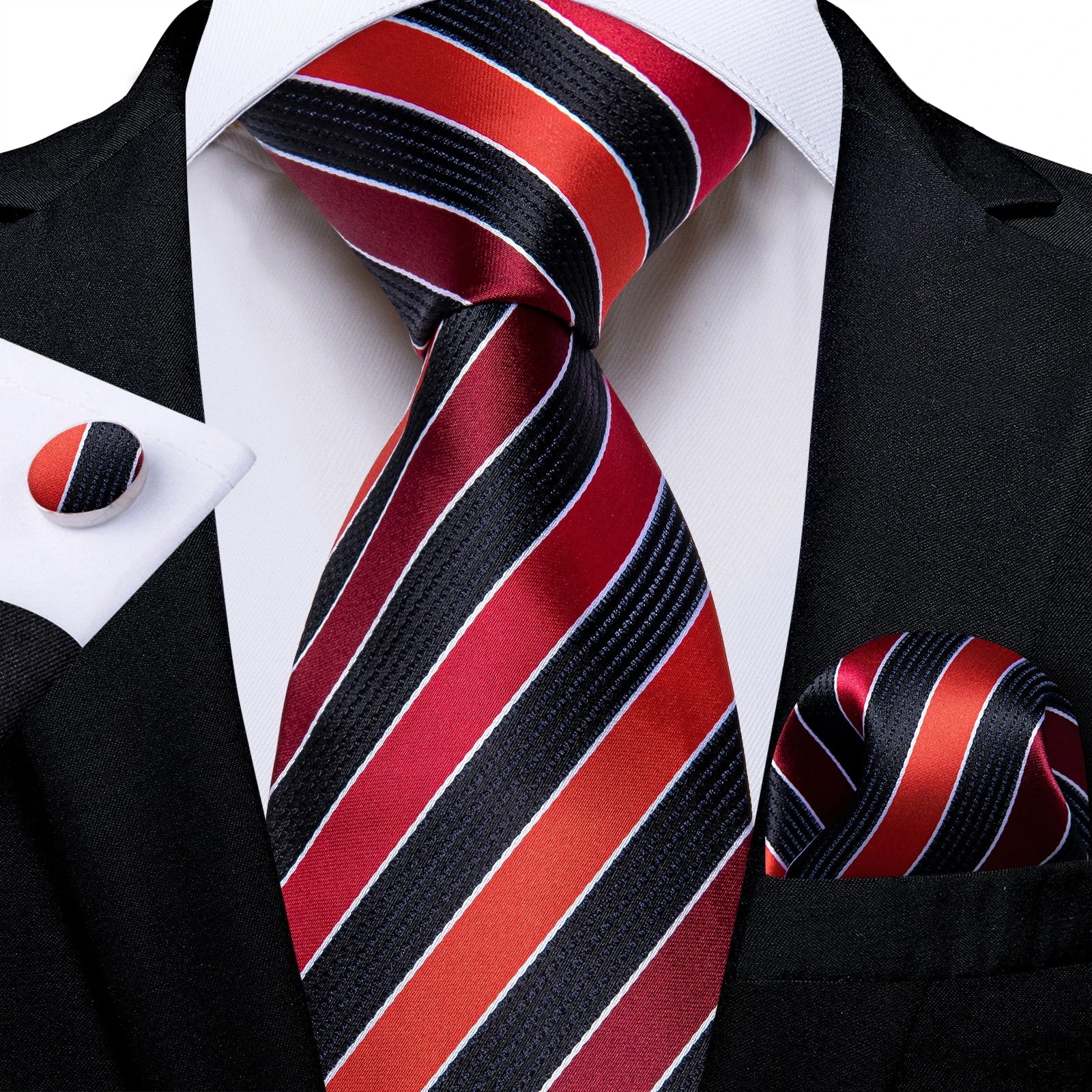 Luxury Floral Striped Solid Men's 8 cm Red Silk Tie Set Handkerchief Cufflinks Business Wedding Prom Groom Accsessories Gift Men - Luzilly Bridal & Apparel