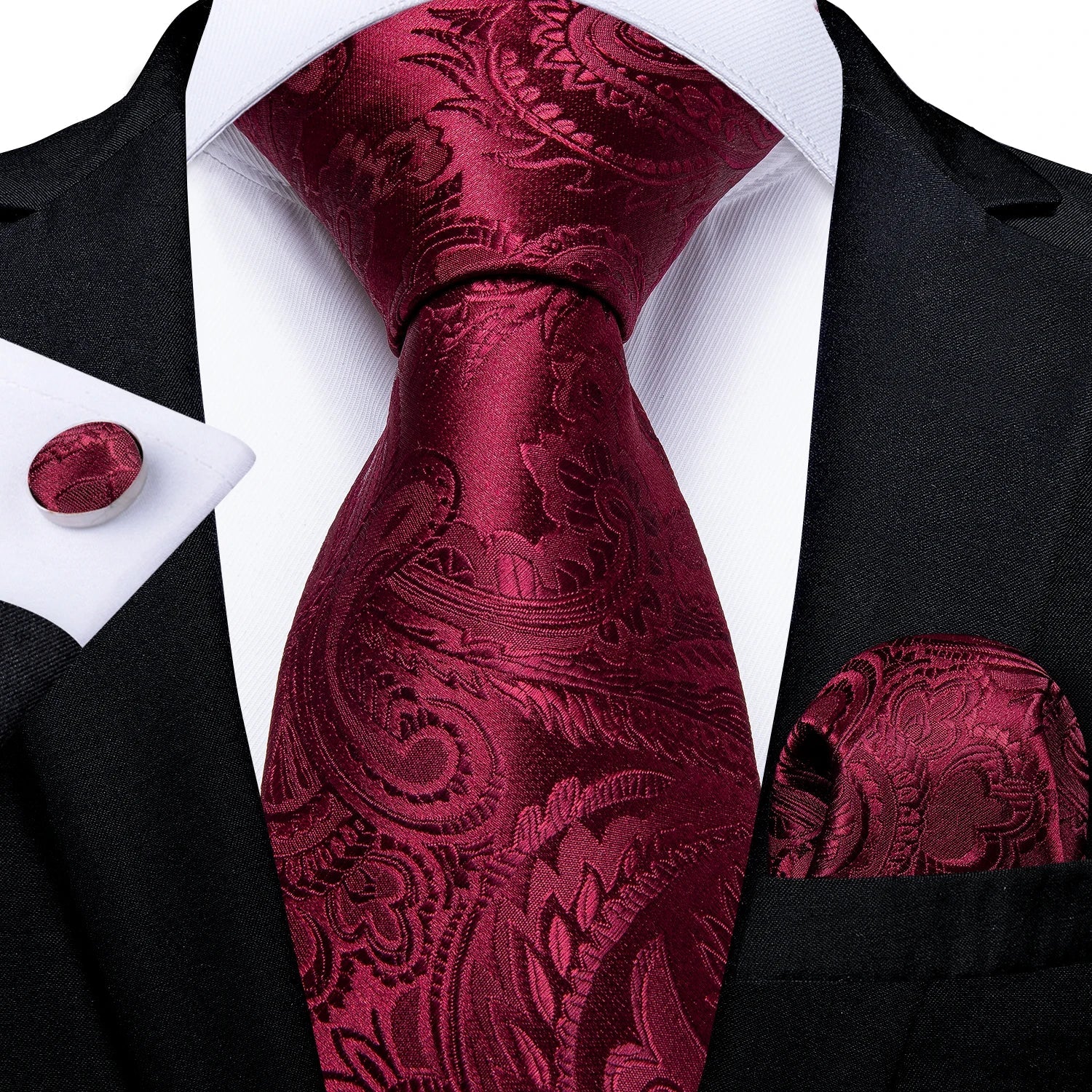 Luxury Floral Striped Solid Men's 8 cm Red Silk Tie Set Handkerchief Cufflinks Business Wedding Prom Groom Accsessories Gift Men - Luzilly Bridal & Apparel