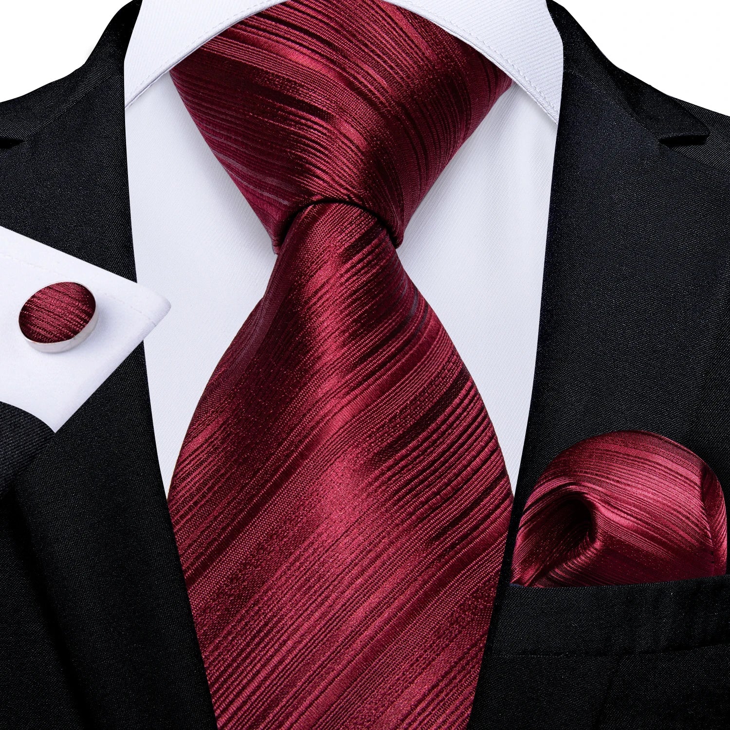 Luxury Floral Striped Solid Men's 8 cm Red Silk Tie Set Handkerchief Cufflinks Business Wedding Prom Groom Accsessories Gift Men - Luzilly Bridal & Apparel