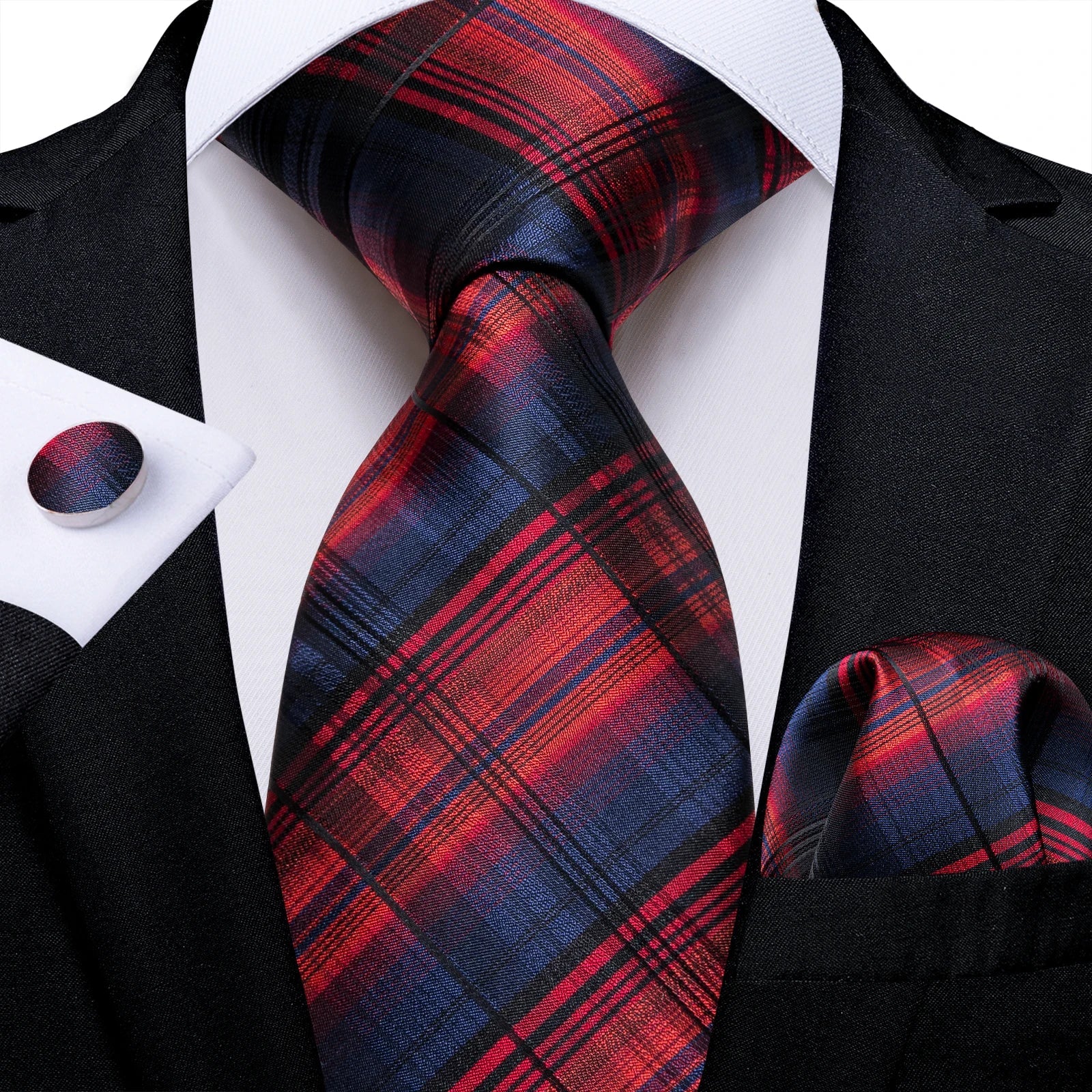 Luxury Floral Striped Solid Men's 8 cm Red Silk Tie Set Handkerchief Cufflinks Business Wedding Prom Groom Accsessories Gift Men - Luzilly Bridal & Apparel