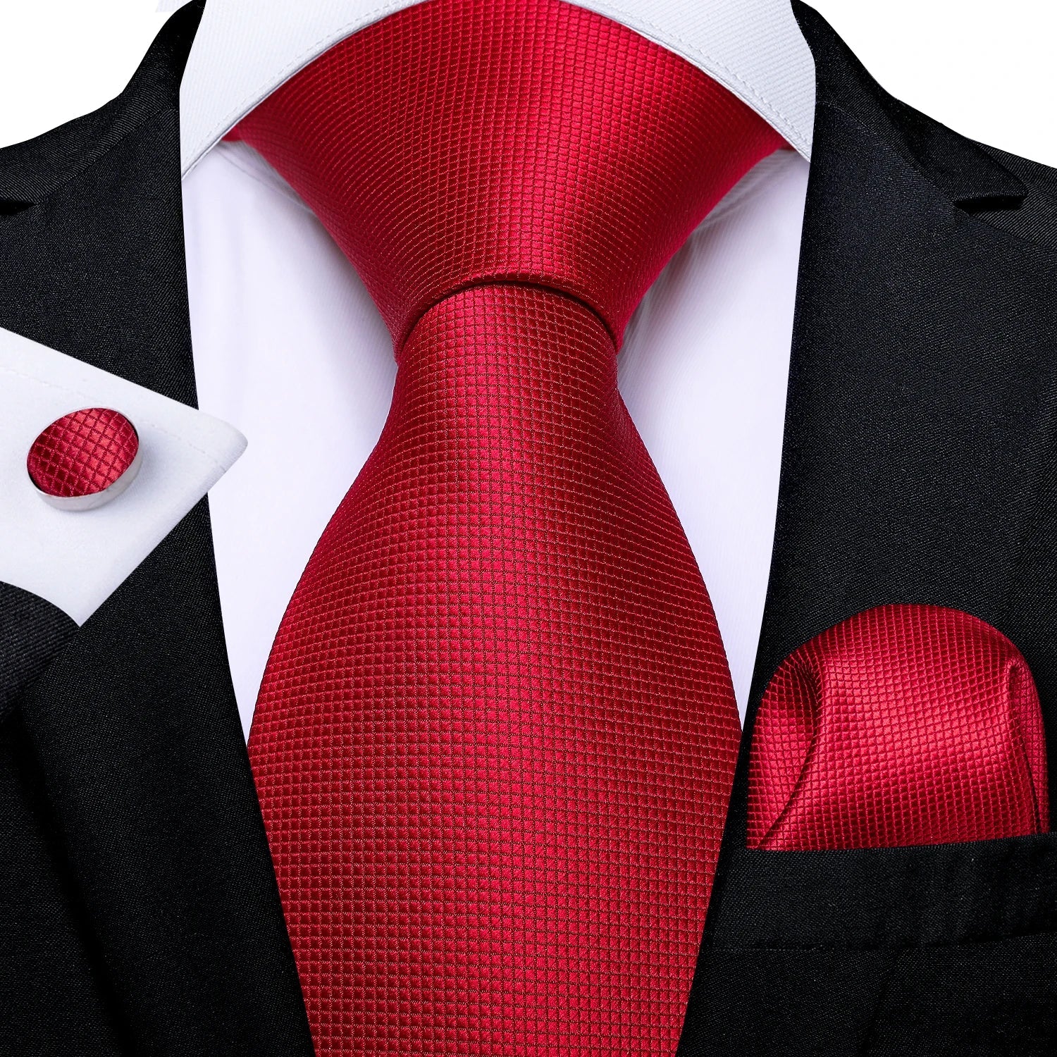 Luxury Floral Striped Solid Men's 8 cm Red Silk Tie Set Handkerchief Cufflinks Business Wedding Prom Groom Accsessories Gift Men - Luzilly Bridal & Apparel