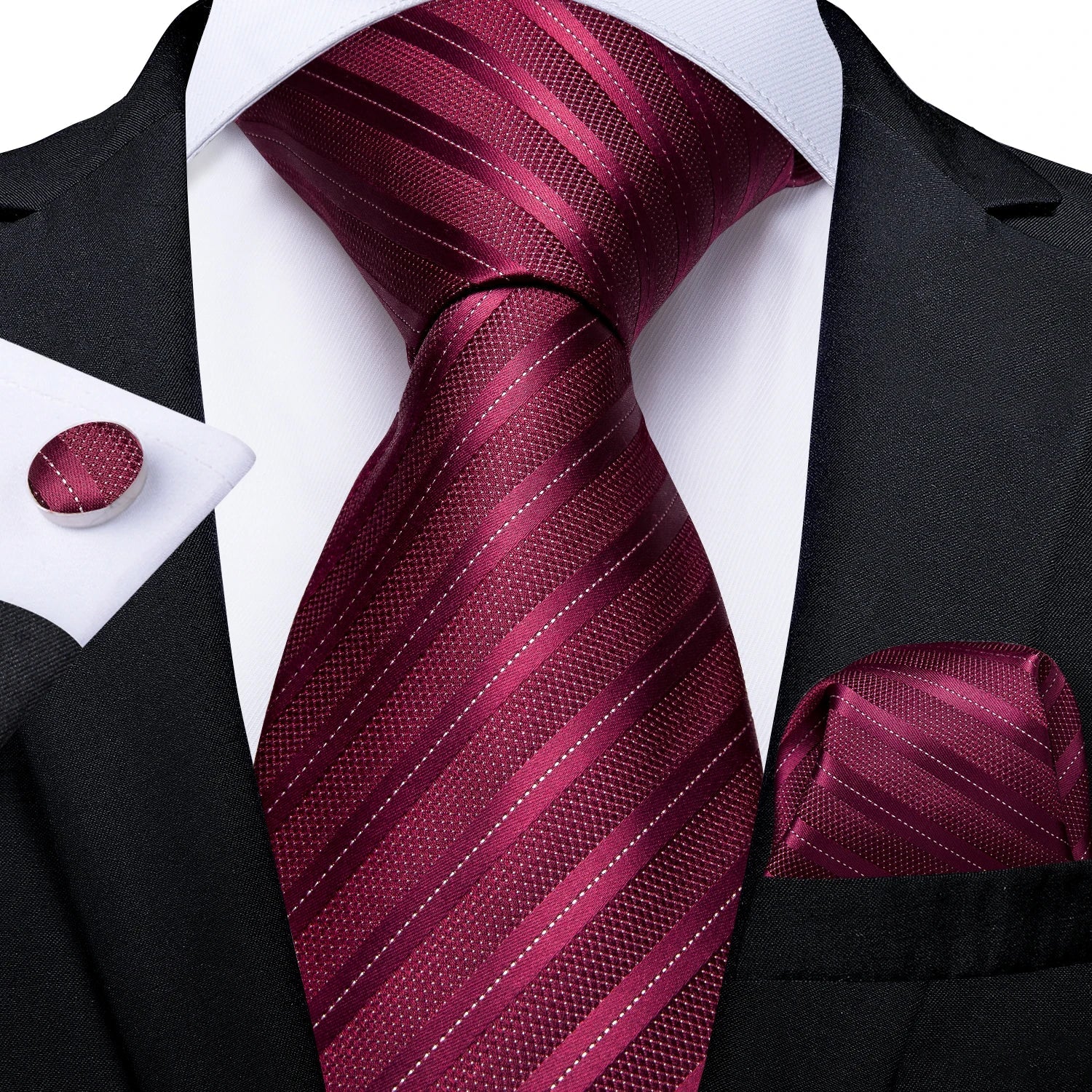 Luxury Floral Striped Solid Men's 8 cm Red Silk Tie Set Handkerchief Cufflinks Business Wedding Prom Groom Accsessories Gift Men - Luzilly Bridal & Apparel