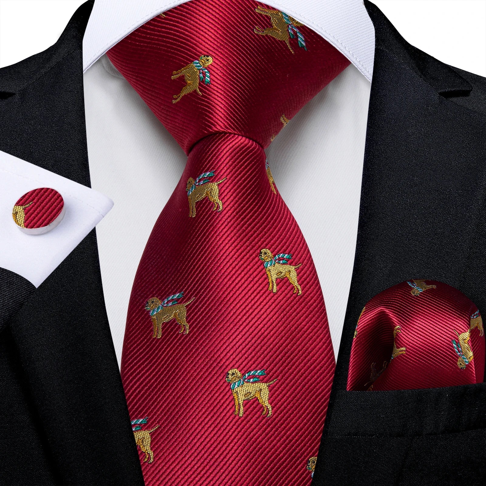 Luxury Floral Striped Solid Men's 8 cm Red Silk Tie Set Handkerchief Cufflinks Business Wedding Prom Groom Accsessories Gift Men - Luzilly Bridal & Apparel