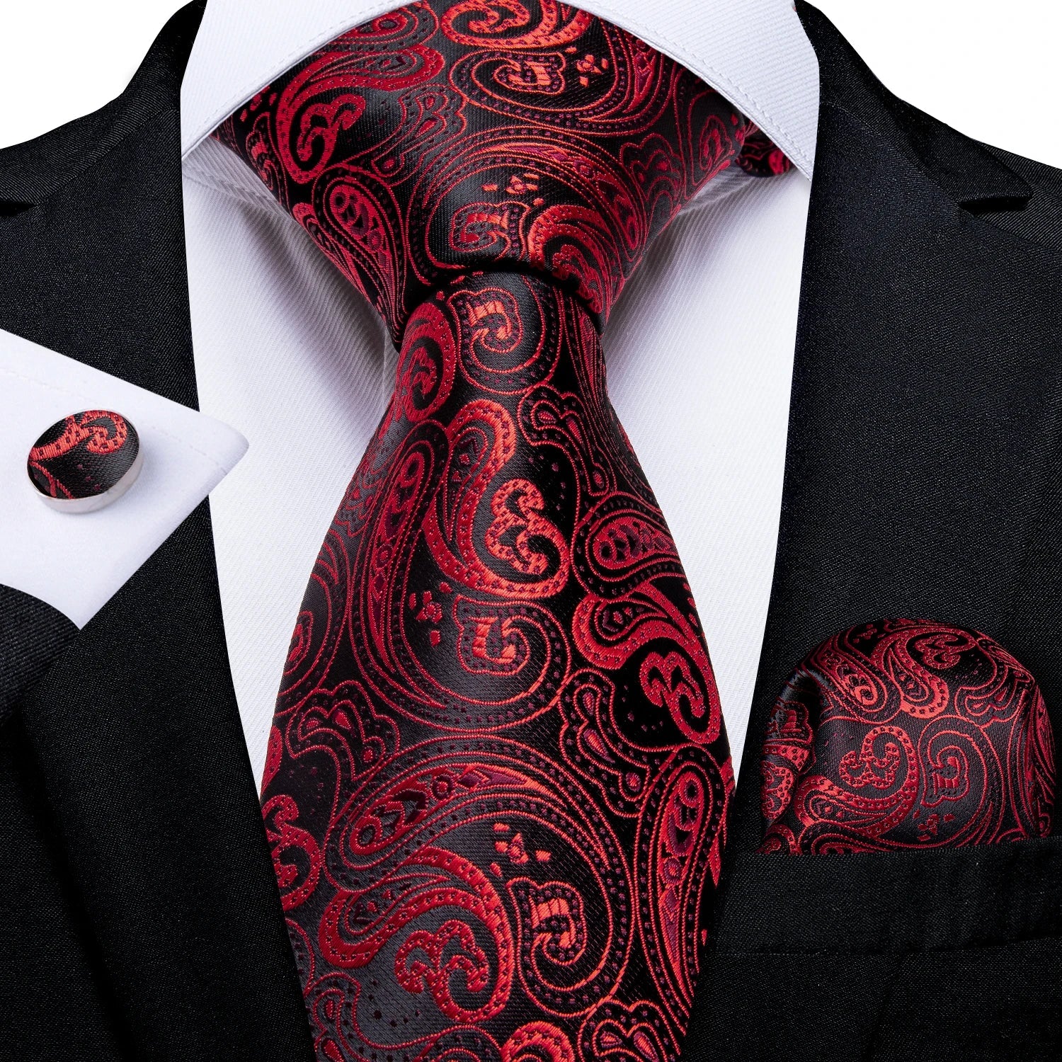 Luxury Floral Striped Solid Men's 8 cm Red Silk Tie Set Handkerchief Cufflinks Business Wedding Prom Groom Accsessories Gift Men - Luzilly Bridal & Apparel
