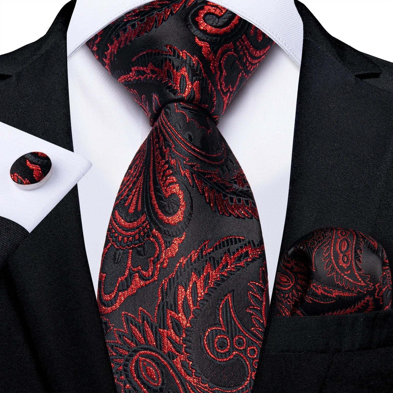 Luxury Floral Striped Solid Men's 8 cm Red Silk Tie Set Handkerchief Cufflinks Business Wedding Prom Groom Accsessories Gift Men - Luzilly Bridal & Apparel
