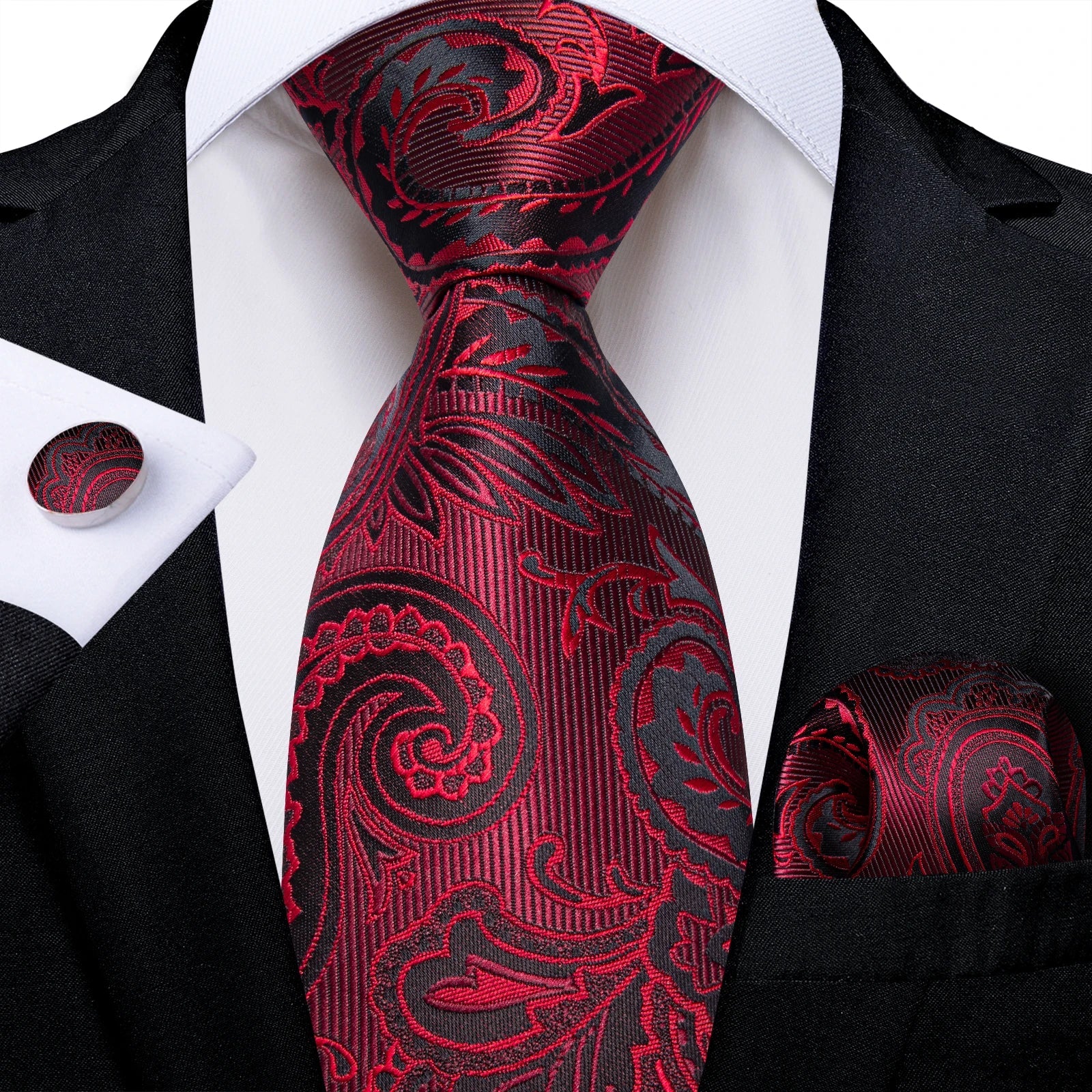 Luxury Floral Striped Solid Men's 8 cm Red Silk Tie Set Handkerchief Cufflinks Business Wedding Prom Groom Accsessories Gift Men - Luzilly Bridal & Apparel