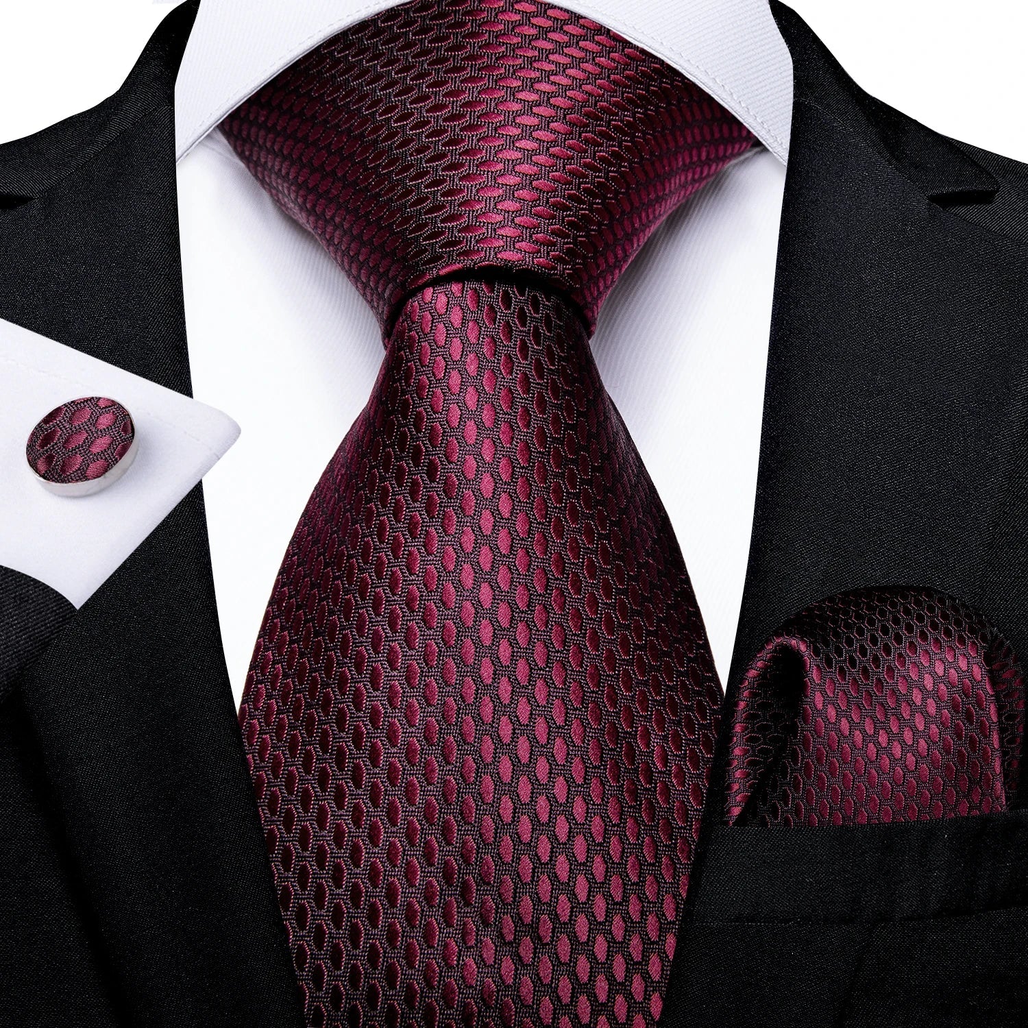 Luxury Floral Striped Solid Men's 8 cm Red Silk Tie Set Handkerchief Cufflinks Business Wedding Prom Groom Accsessories Gift Men - Luzilly Bridal & Apparel