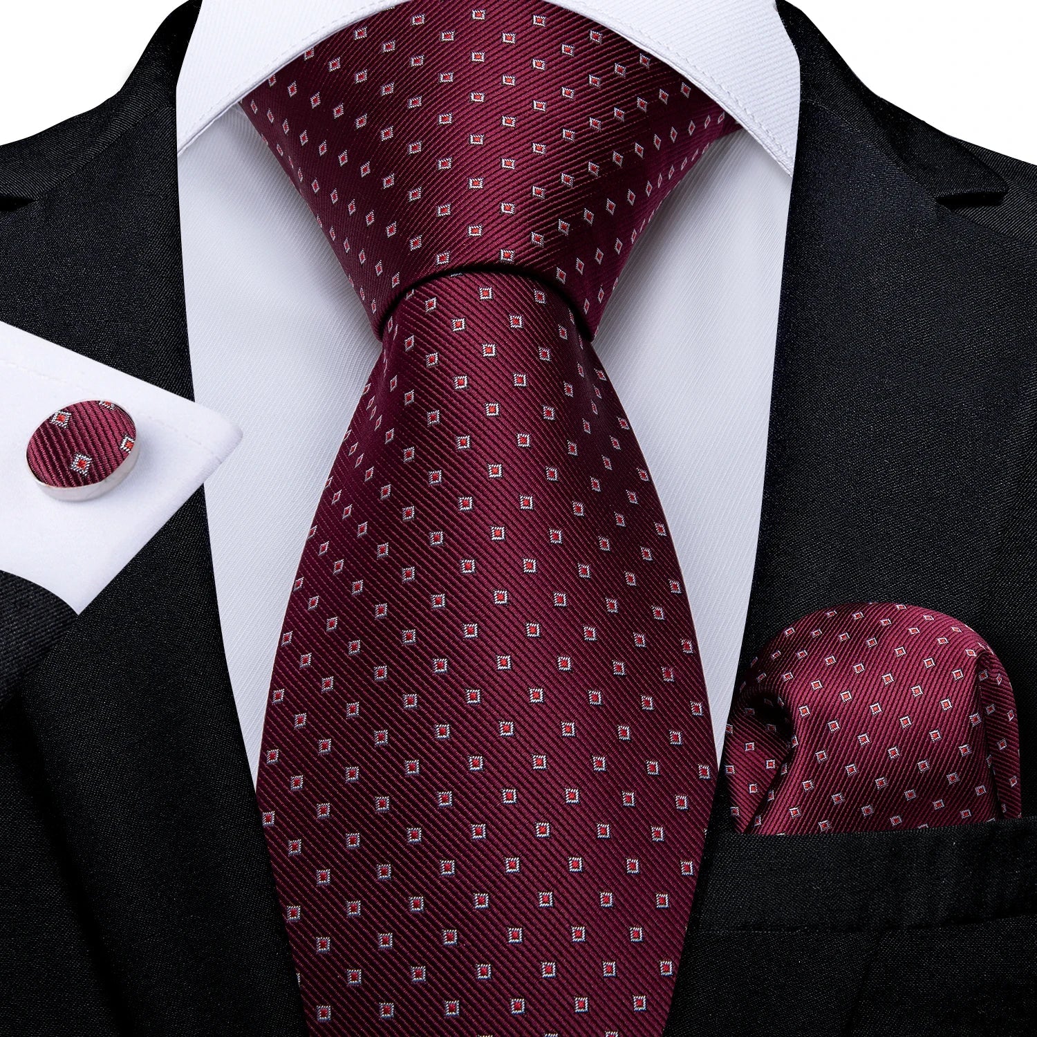 Luxury Floral Striped Solid Men's 8 cm Red Silk Tie Set Handkerchief Cufflinks Business Wedding Prom Groom Accsessories Gift Men - Luzilly Bridal & Apparel