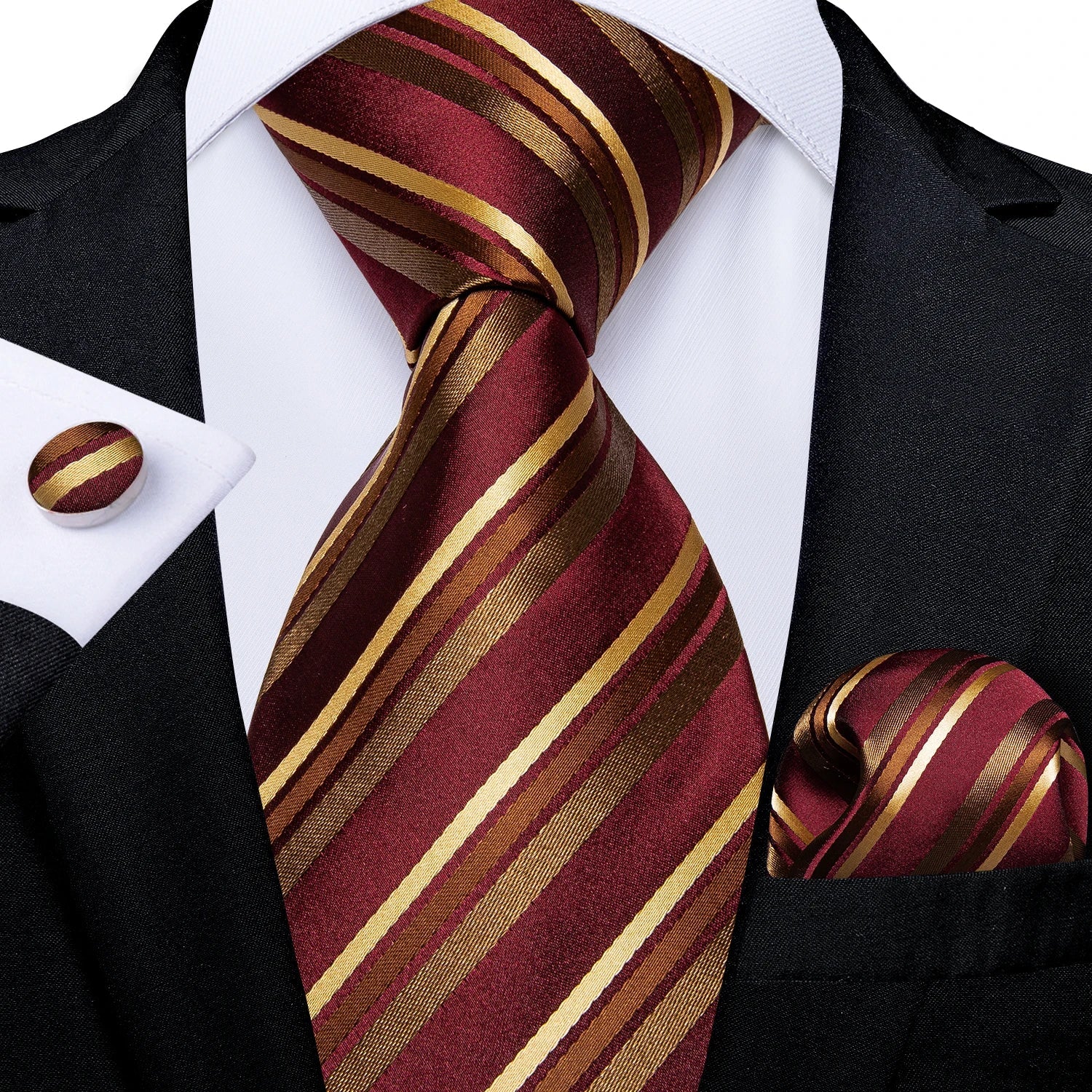 Luxury Floral Striped Solid Men's 8 cm Red Silk Tie Set Handkerchief Cufflinks Business Wedding Prom Groom Accsessories Gift Men - Luzilly Bridal & Apparel