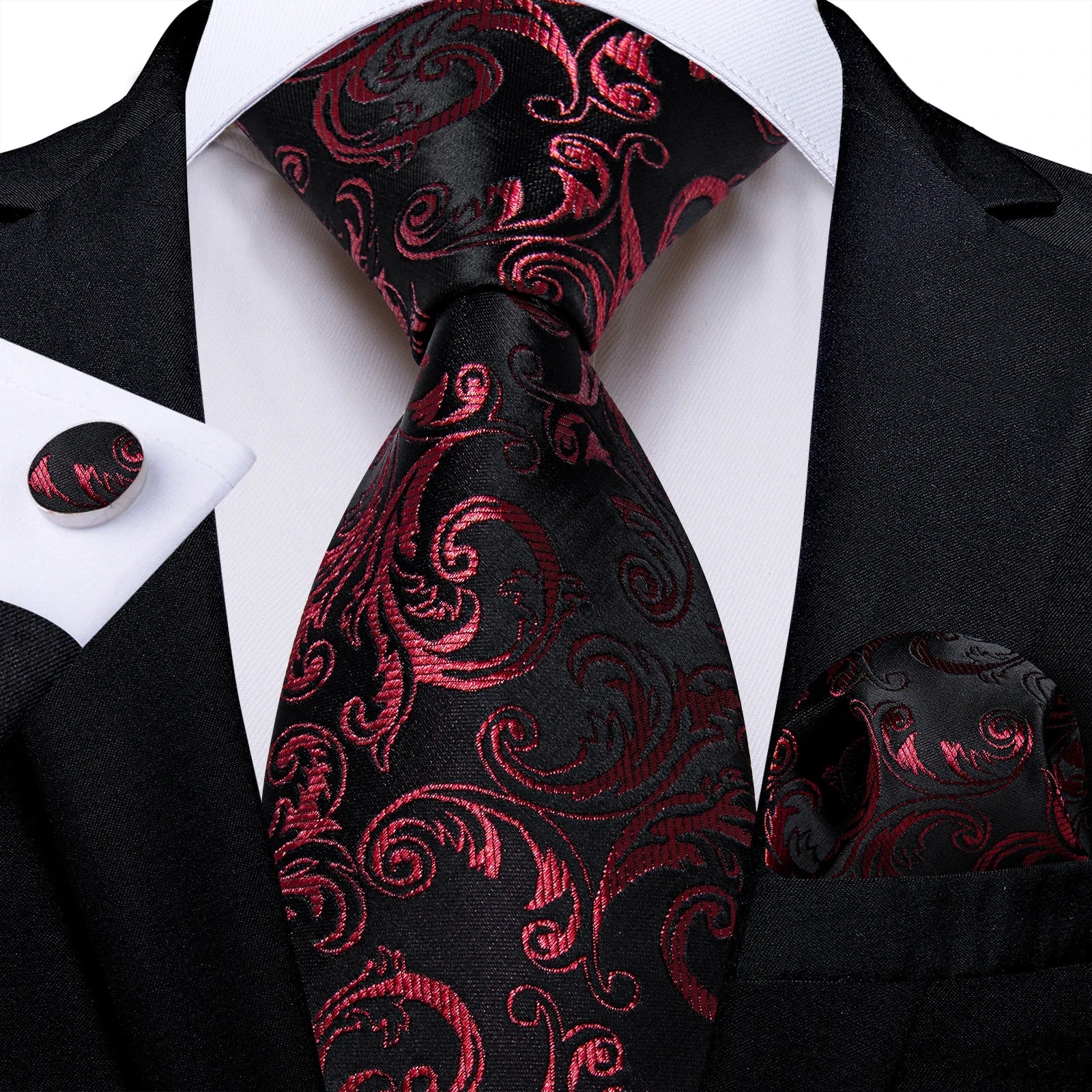 Luxury Floral Striped Solid Men's 8 cm Red Silk Tie Set Handkerchief Cufflinks Business Wedding Prom Groom Accsessories Gift Men - Luzilly Bridal & Apparel
