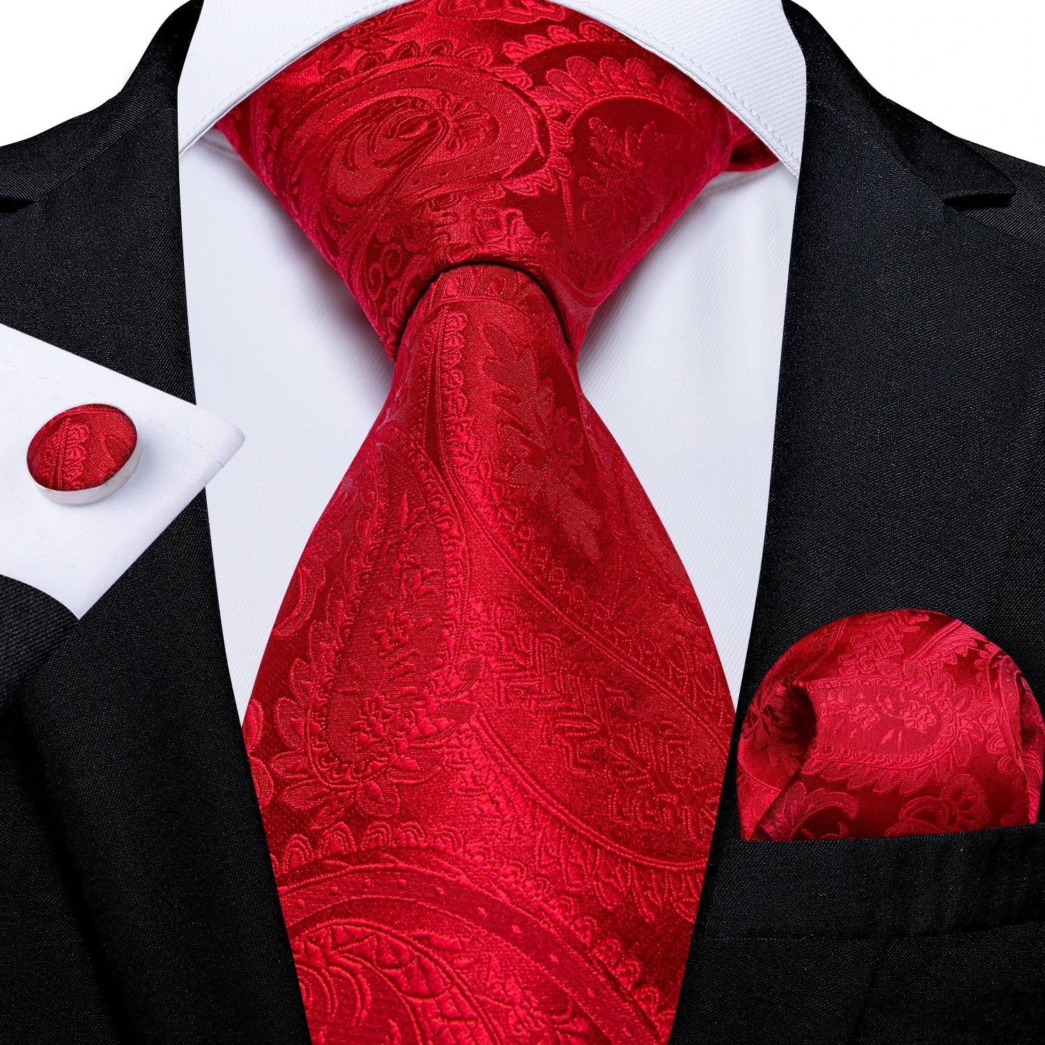 Luxury Floral Striped Solid Men's 8 cm Red Silk Tie Set Handkerchief Cufflinks Business Wedding Prom Groom Accsessories Gift Men - Luzilly Bridal & Apparel