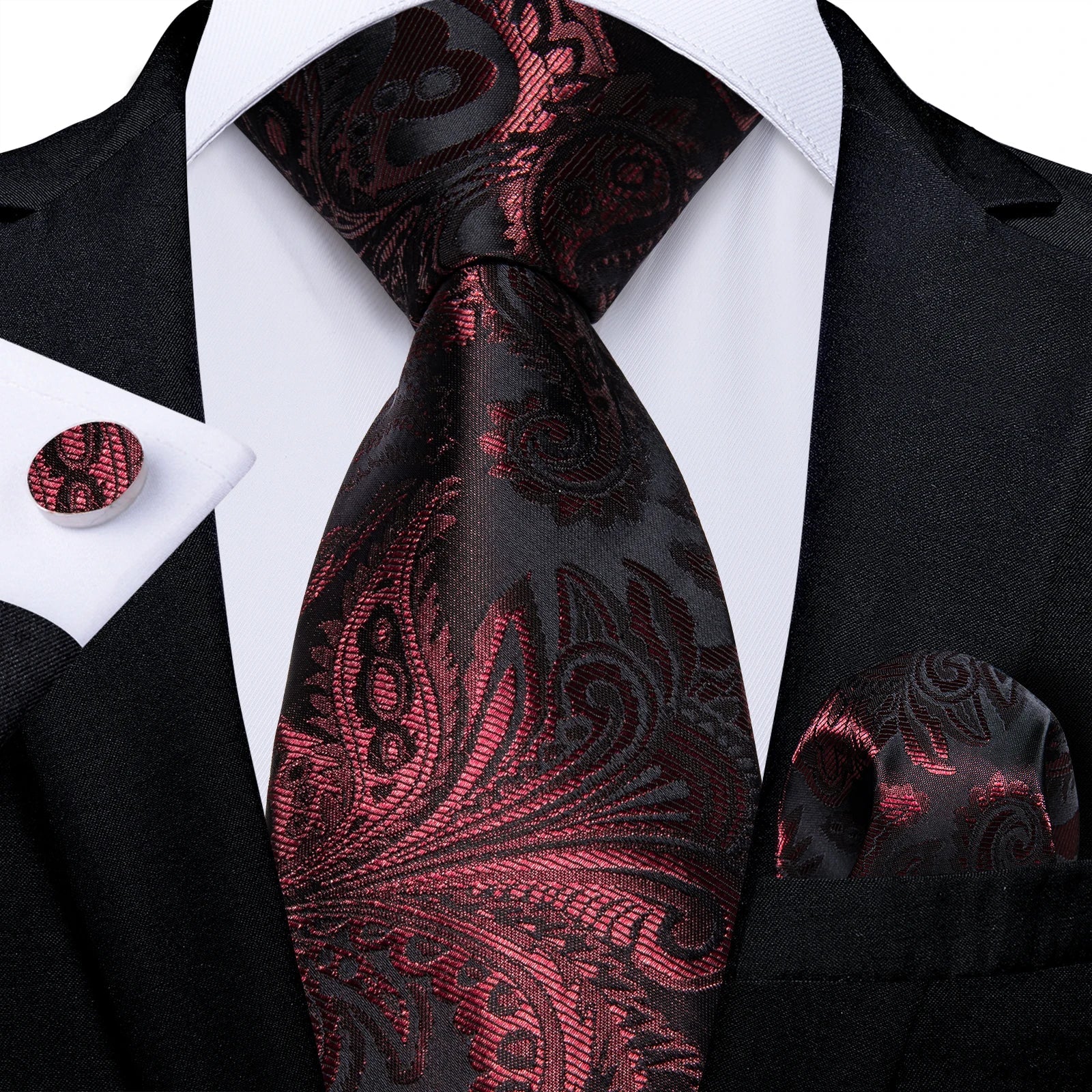 Luxury Floral Striped Solid Men's 8 cm Red Silk Tie Set Handkerchief Cufflinks Business Wedding Prom Groom Accsessories Gift Men - Luzilly Bridal & Apparel