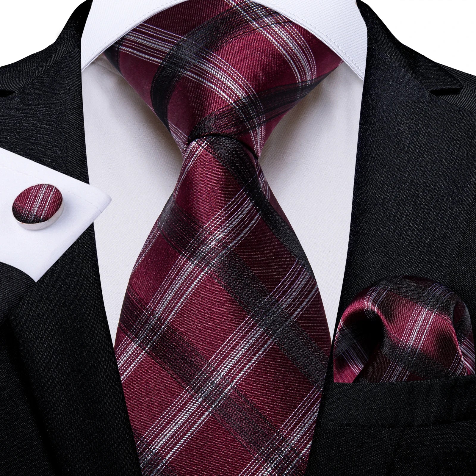 Luxury Floral Striped Solid Men's 8 cm Red Silk Tie Set Handkerchief Cufflinks Business Wedding Prom Groom Accsessories Gift Men - Luzilly Bridal & Apparel