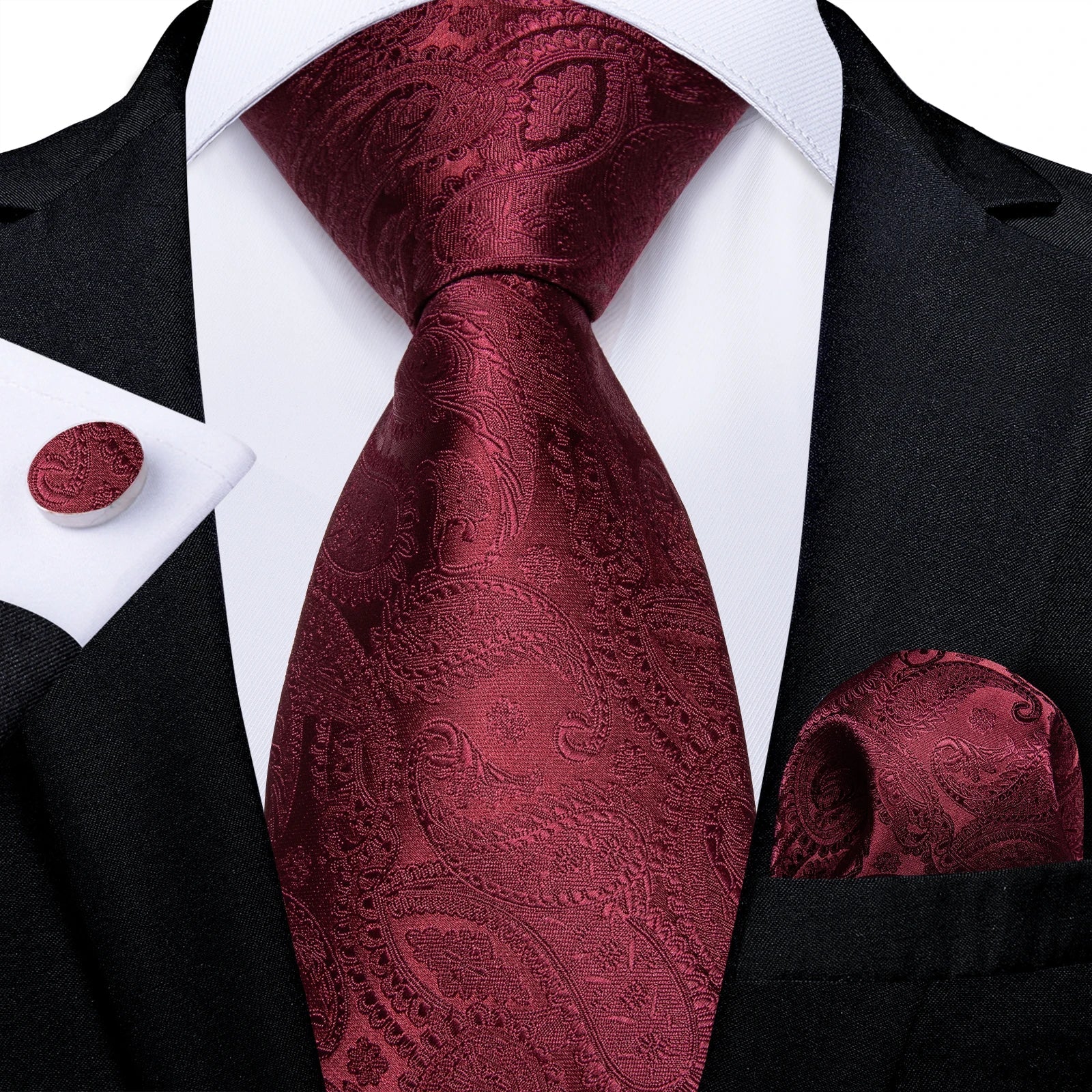 Luxury Floral Striped Solid Men's 8 cm Red Silk Tie Set Handkerchief Cufflinks Business Wedding Prom Groom Accsessories Gift Men - Luzilly Bridal & Apparel