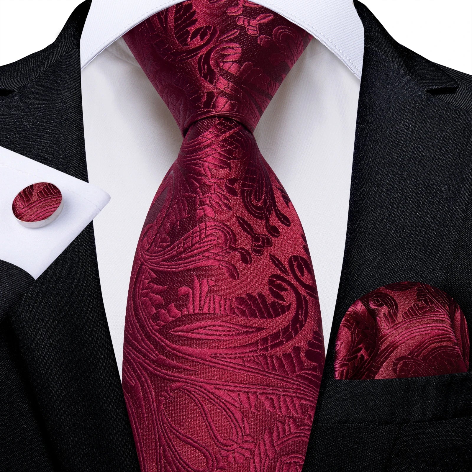 Luxury Floral Striped Solid Men's 8 cm Red Silk Tie Set Handkerchief Cufflinks Business Wedding Prom Groom Accsessories Gift Men - Luzilly Bridal & Apparel