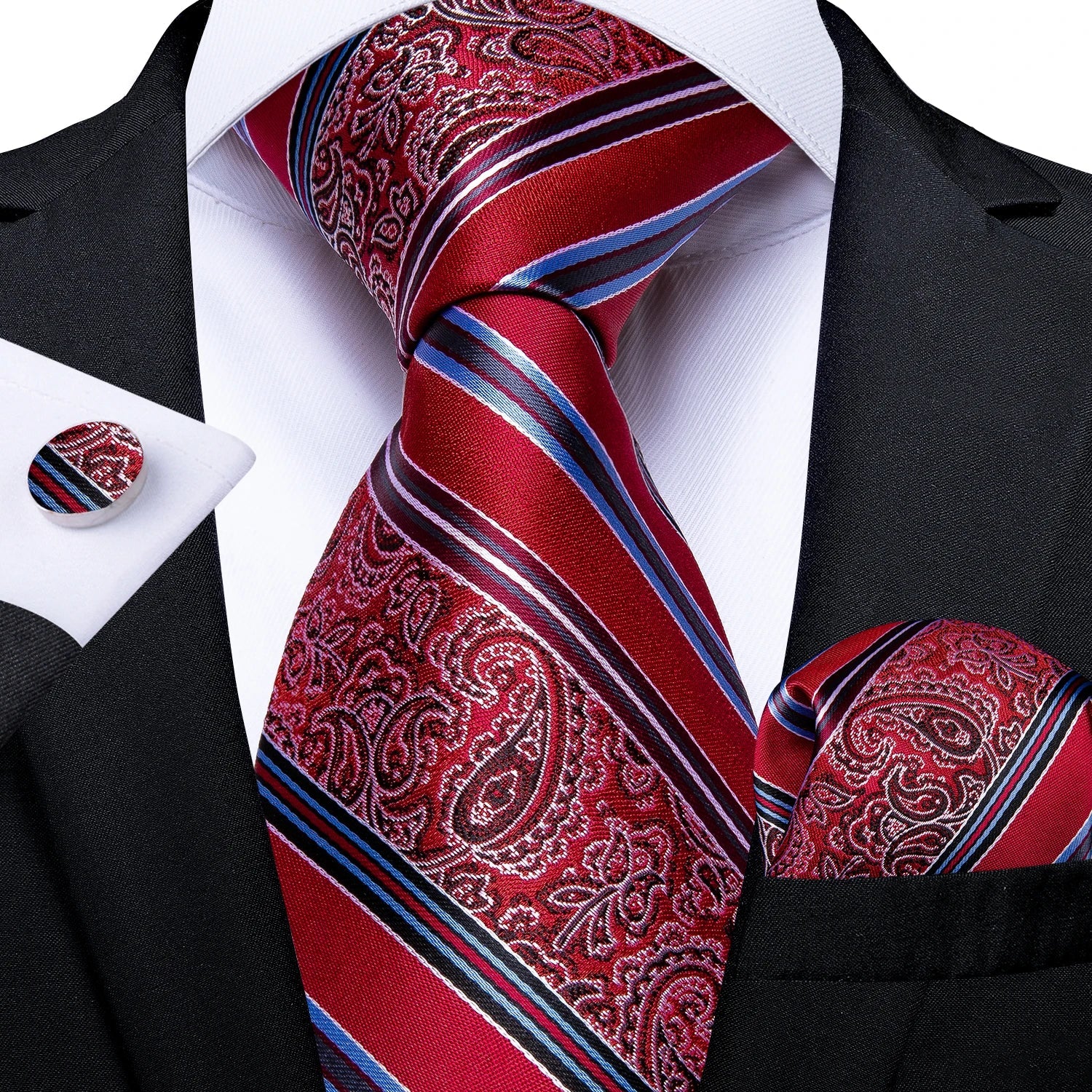 Luxury Floral Striped Solid Men's 8 cm Red Silk Tie Set Handkerchief Cufflinks Business Wedding Prom Groom Accsessories Gift Men - Luzilly Bridal & Apparel
