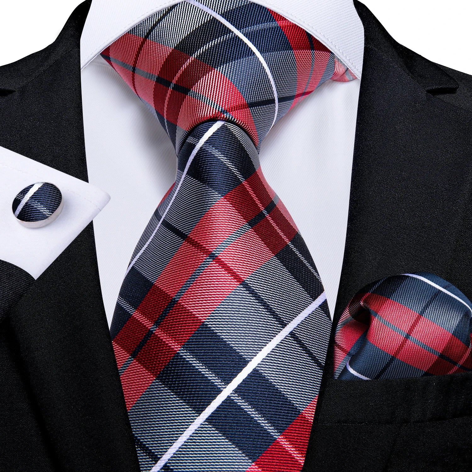 Luxury Floral Striped Solid Men's 8 cm Red Silk Tie Set Handkerchief Cufflinks Business Wedding Prom Groom Accsessories Gift Men - Luzilly Bridal & Apparel