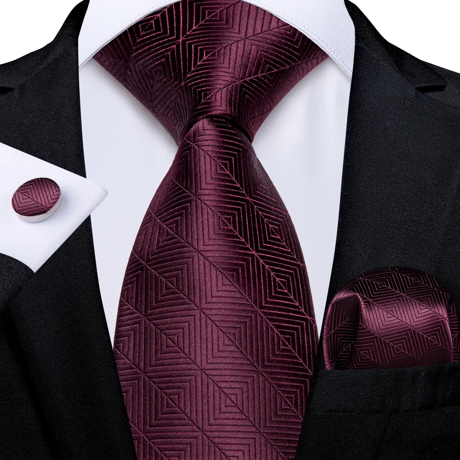 Luxury Floral Striped Solid Men's 8 cm Red Silk Tie Set Handkerchief Cufflinks Business Wedding Prom Groom Accsessories Gift Men - Luzilly Bridal & Apparel