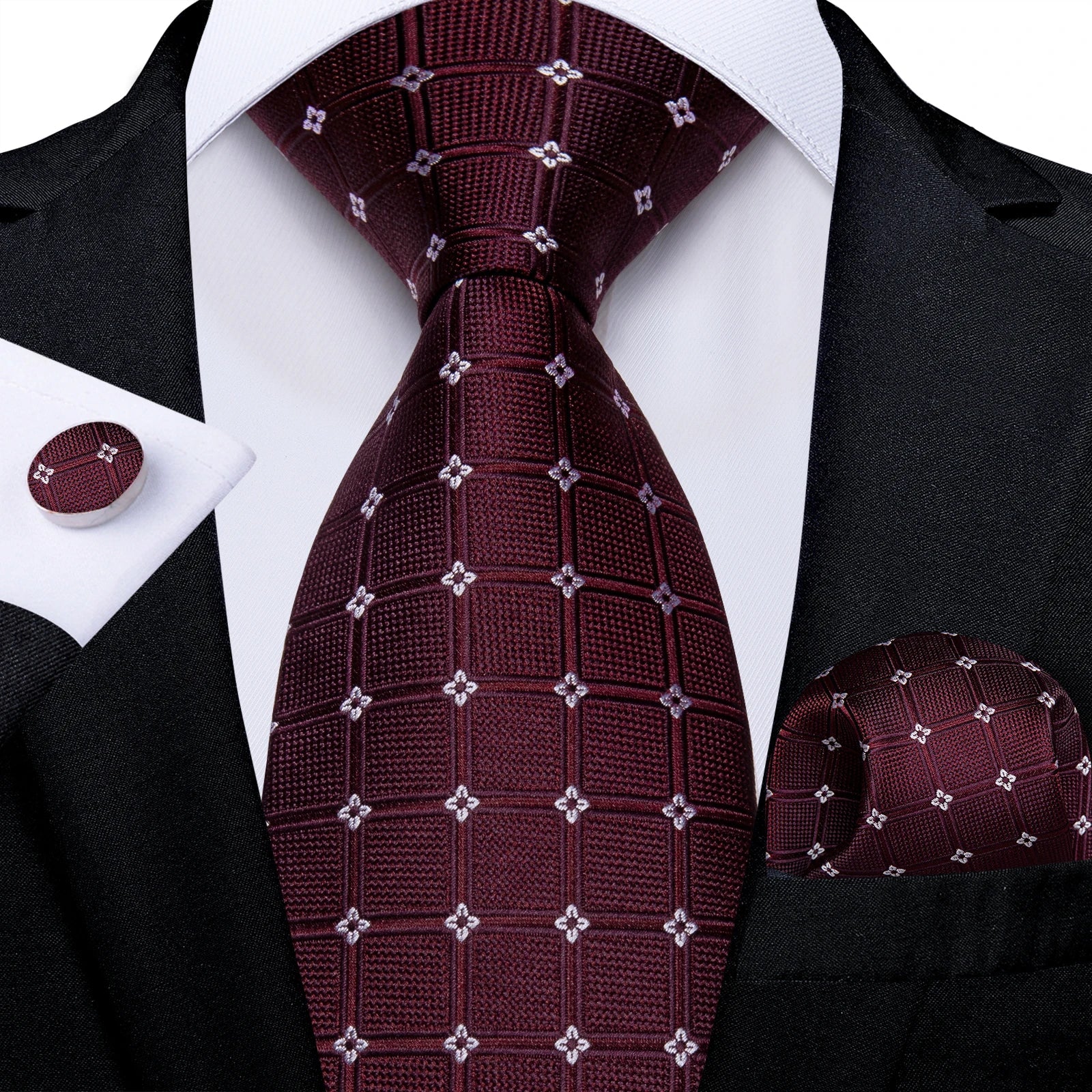 Luxury Floral Striped Solid Men's 8 cm Red Silk Tie Set Handkerchief Cufflinks Business Wedding Prom Groom Accsessories Gift Men - Luzilly Bridal & Apparel