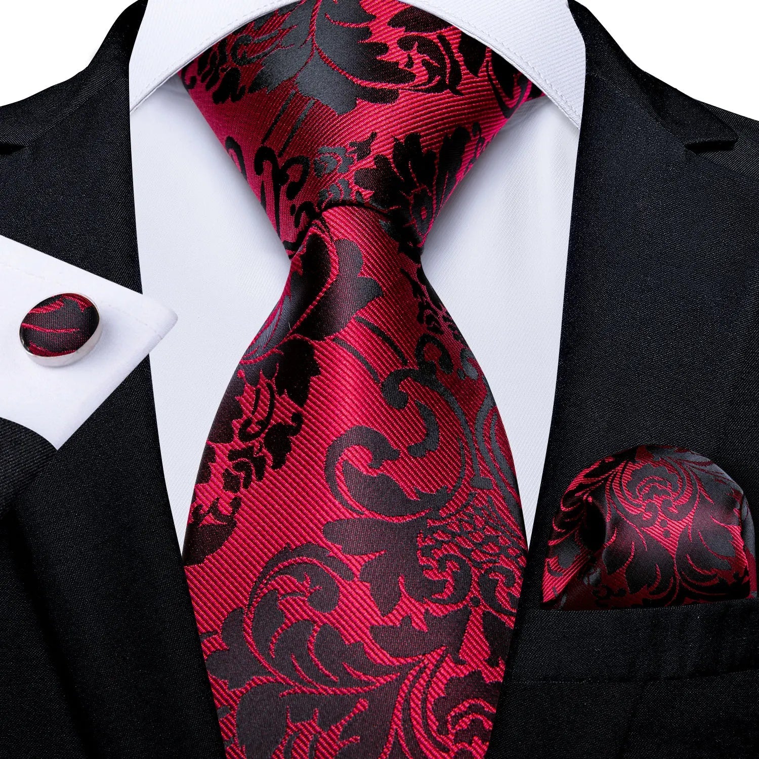 Luxury Floral Striped Solid Men's 8 cm Red Silk Tie Set Handkerchief Cufflinks Business Wedding Prom Groom Accsessories Gift Men - Luzilly Bridal & Apparel