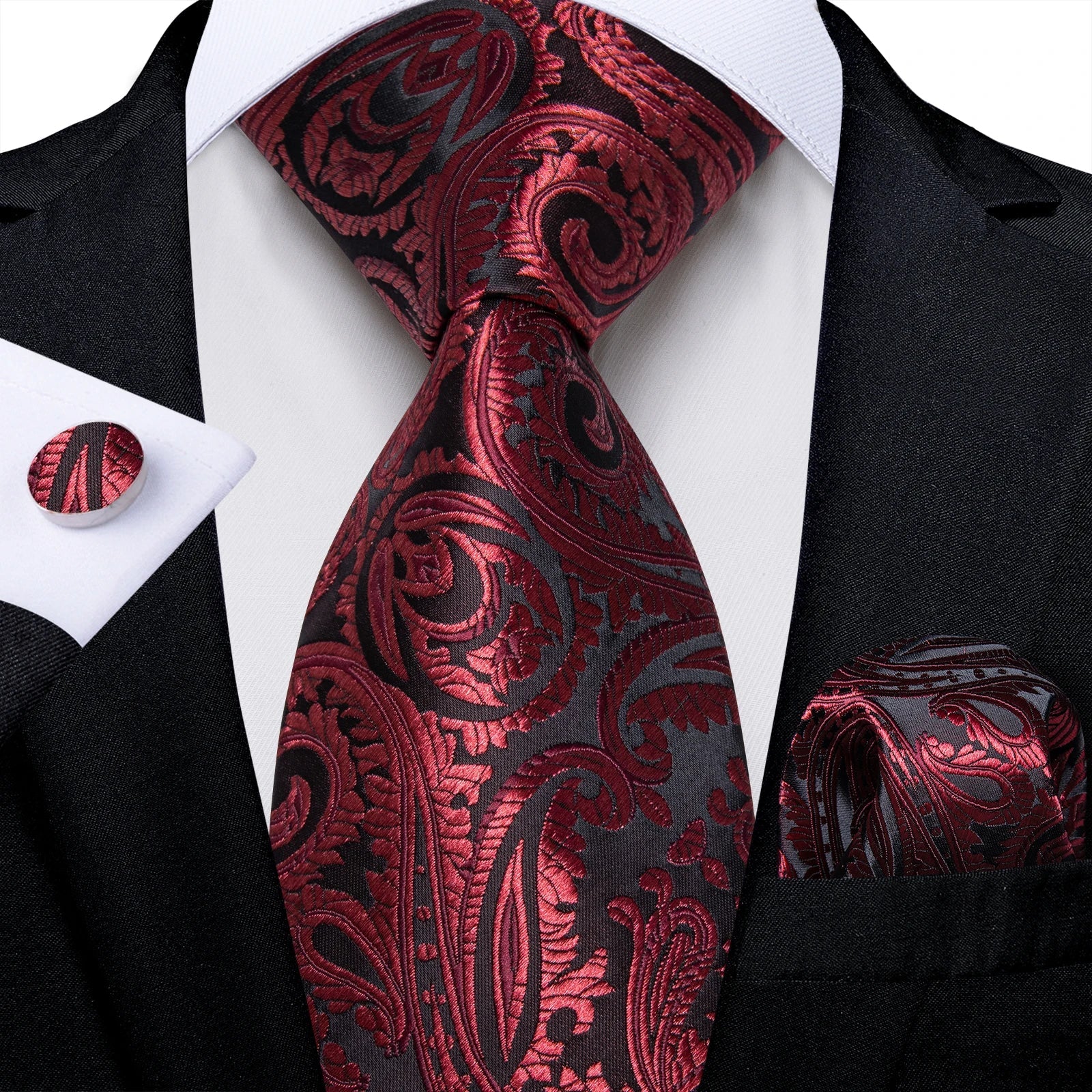 Luxury Floral Striped Solid Men's 8 cm Red Silk Tie Set Handkerchief Cufflinks Business Wedding Prom Groom Accsessories Gift Men - Luzilly Bridal & Apparel