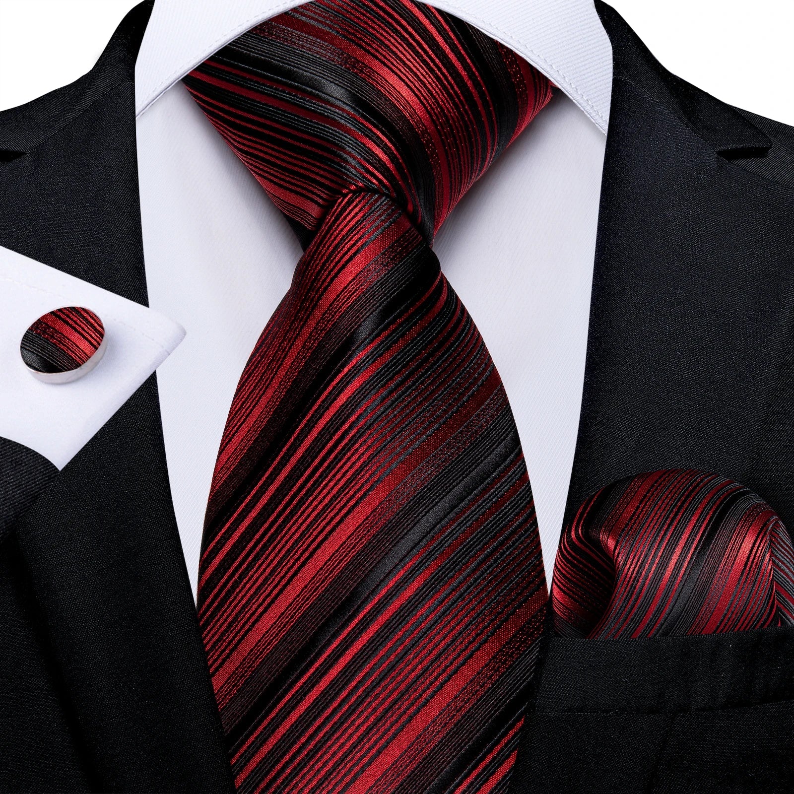 Luxury Floral Striped Solid Men's 8 cm Red Silk Tie Set Handkerchief Cufflinks Business Wedding Prom Groom Accsessories Gift Men - Luzilly Bridal & Apparel