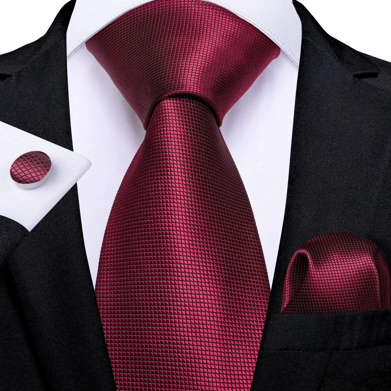 Luxury Floral Striped Solid Men's 8 cm Red Silk Tie Set Handkerchief Cufflinks Business Wedding Prom Groom Accsessories Gift Men - Luzilly Bridal & Apparel